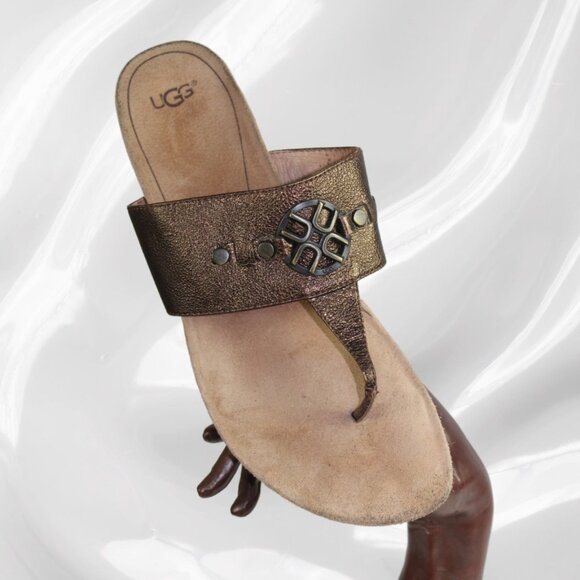 UGG Briella Pony Brown Bronze Wedge Thong Sandal, Size 10 - Picture 4 of 9